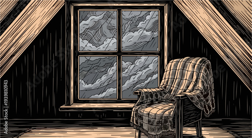 Attic window with armchair and clouded sky