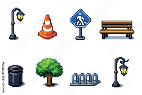 Park and street furniture icons displayed on dark background