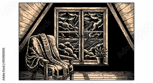 Framed attic interior with armchair plant and storm outside