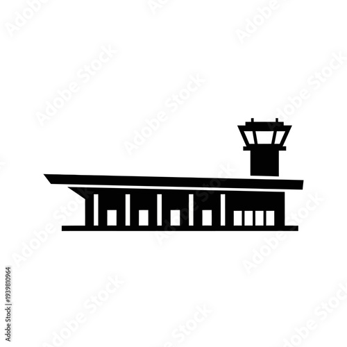 Sleek minimalist icon of an airport terminal building and control tower, representing modern air travel, departures, and global aviation