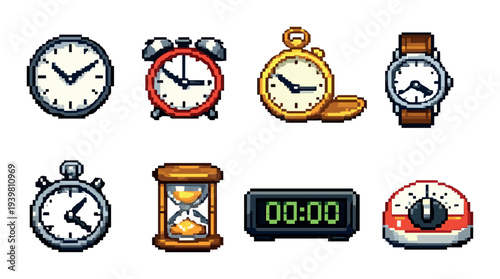 Clocks and timers arranged on neutral gray background
