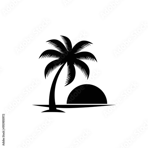 Minimalist vector illustration of a palm tree silhouetted against a setting sun, evoking a tropical vacation