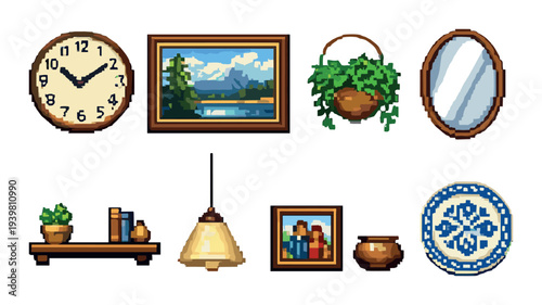 Wall decor and household objects arranged on neutral wall