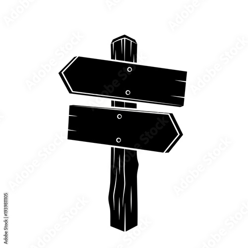 Black and white silhouette of a wooden signpost with two directional arrows pointing left and right, set against a white background, ideal for navigation or signage graphics