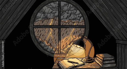 Desk with open notebook and lamp near round attic window during rain and lightning