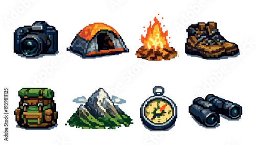 Camping gear icons arranged on neutral gradient background