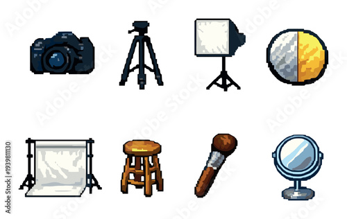 Photography studio icons arranged on neutral gradient background