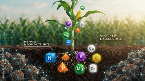 Corn plant absorbing primary and secondary macronutrients from soil