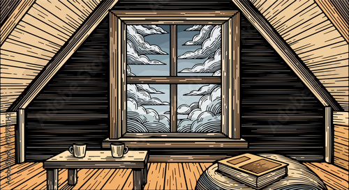 Attic window above wooden table with two cups and open book