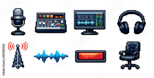 Microphone mixer monitor and headphones with studio chair