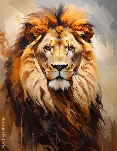 A close-up portrait of a majestic lion with a golden mane and intense gaze, rendered in a painterly style
