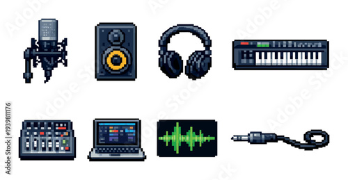 Music production equipment icons arranged on gray background