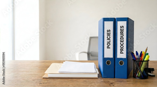 Two blue binders labeled 'Policies' and 'Procedures' stand on a wooden desk next to a stack of documents and office supplies