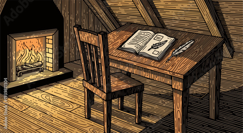 Desk and chair with open notebook quill and fireplace close-up illustration