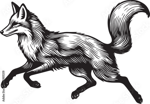 fox in motion, capturing the grace and agility of the animal in a dynamic pose sketch engraving generative ai raster illustration. Scratch board imitation. Black and white image