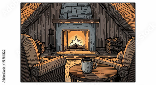 Attic lounge with two armchairs table mug and central fireplace illustration