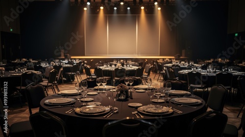Elegant banquet hall with round tables set for a formal event, featuring dim lighting and a stage in the background.
