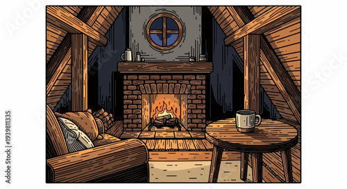 Attic room interior with brick fireplace sofa round table and circular window