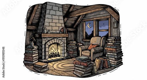 Attic reading room with fireplace armchair books and crescent moon window