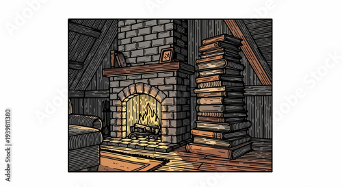 Attic library corner with stone fireplace stacked books and sofa