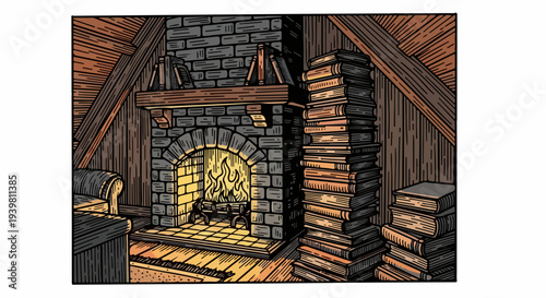 Attic fireplace close view with tall book stack and sofa edge