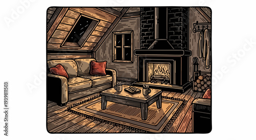 Attic living room with sofa fireplace and coffee table