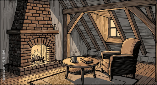 Brick fireplace with armchair and round table in attic room