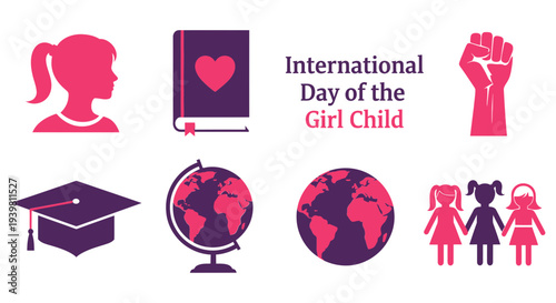 Graphic icons celebrating International Day of the Girl Child with silhouette book fist and globe