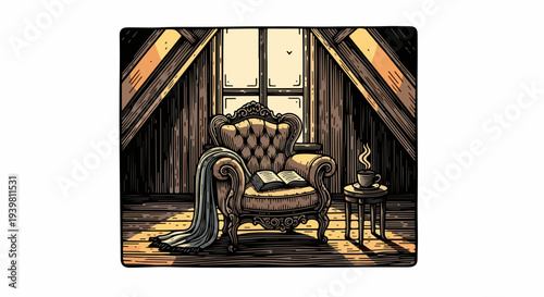 Ornate armchair with open book and cup in attic interior