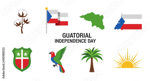 Graphic elements for Equatorial Independence Day featuring flora fauna map flag and symbols
