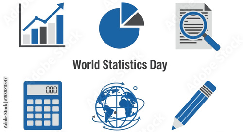 Graphic icons representing statistics text World Statistics Day and calculation tools