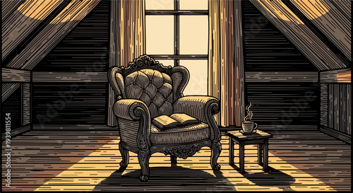 Close view of ornate armchair with open book and coffee cup