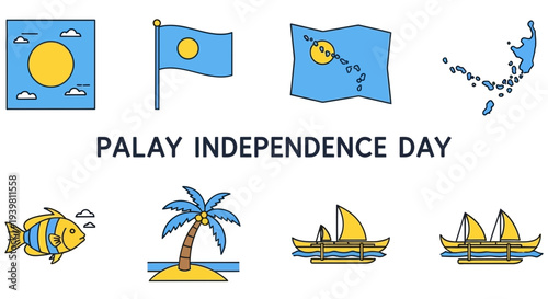 Photos Icons celebrating Palau Independence Day including sun flag map fish palm and bo