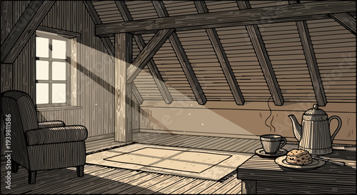 Attic room with sunbeam armchair table coffee pot and pastry