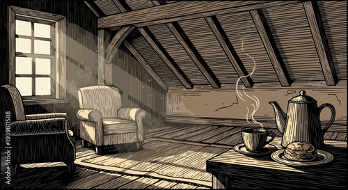 Attic living room with armchairs tea set and window light
