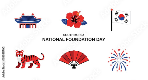 South Korea National Foundation Day graphic with six icons a building flower flag tiger fan and fireworks