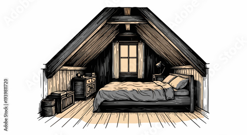 Symmetrical attic bedroom with central window bed dresser and crates