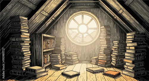 Attic library with stacks of books shelf and circular window