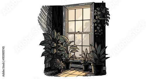 Attic window corner with potted plants and bookshelves