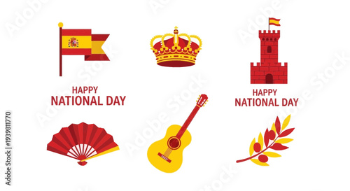 Spanish National Day icons flag crown tower fan guitar and olive branch
