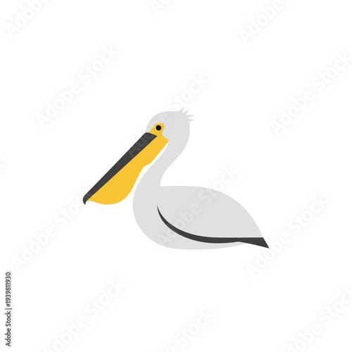 A delightful cartoon illustration of a pelican with a prominent yellow beak against a clean white background, perfect for playful designs
