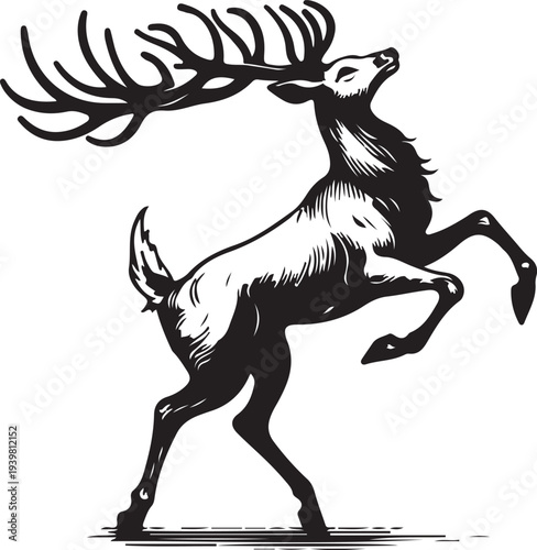 majestic deer stag rising on hind legs sketch engraving generative ai fictional character PNG illustration. Scratch board imitation. Black and white image