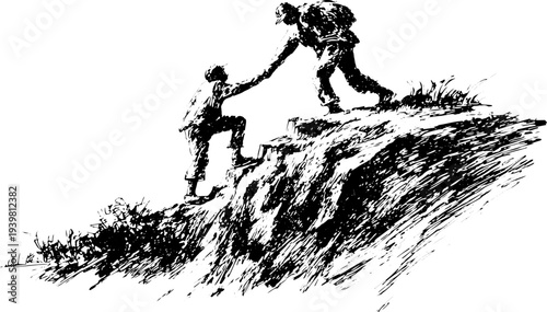 Hand-drawn ink style man helping another man climb rocky mountain peak together vector illustration, symbolizing teamwork and mutual support