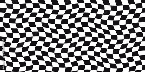 A seamless black and white checkered flag pattern features a classic chessboard texture and racing perspective, creating a bold square tile design for sports competition and car race finish themes