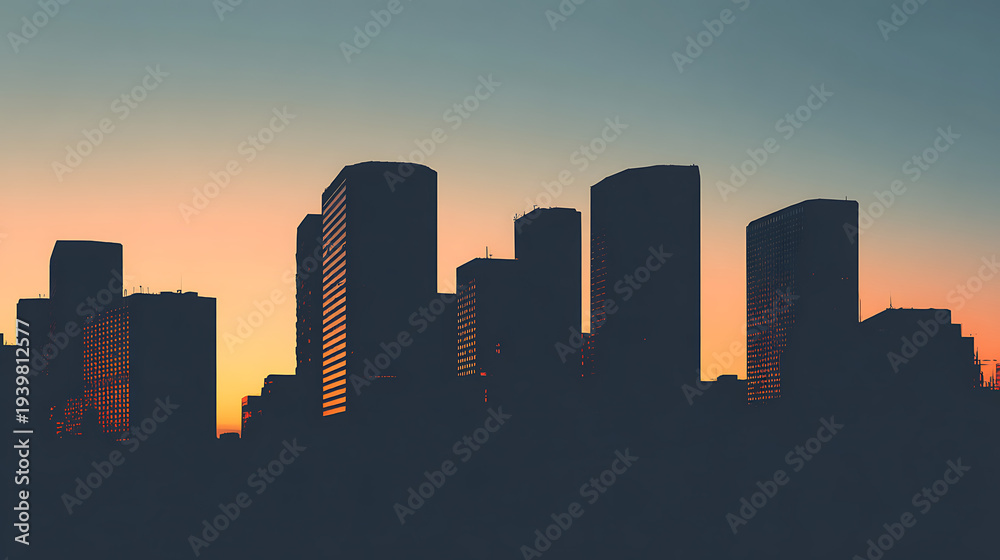 Fototapeta premium A city skyline at sunset with the sun setting behind the buildings