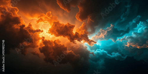 Dramatic sunset sky over a forest with glowing firelight beneath colorful clouds