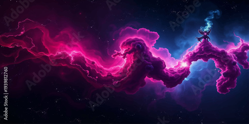 Abstract blue cosmic night sky with glowing stars nebula clouds and light over dark space background