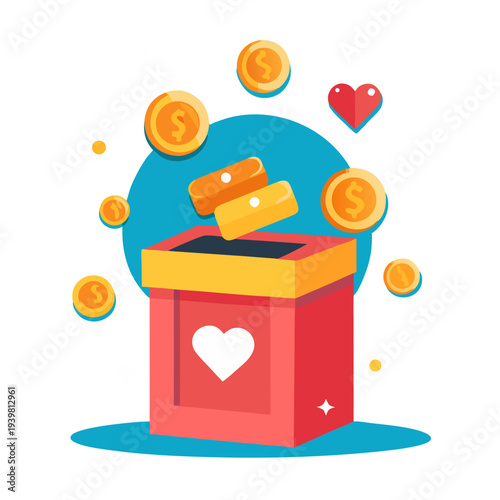 Colorful illustration of a donation box with coins and hearts, symbolizing generosity and kindness, celebrating International Day of Charity and promoting global giving
