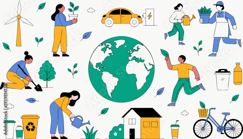 Eco Friendly Lifestyle and Global Sustainability Concept: Diverse People Saving Planet with Green Energy, Recycling and Planting
