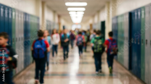 Abstract blurred background of students with backpacks walking through a busy school hallway with lockers